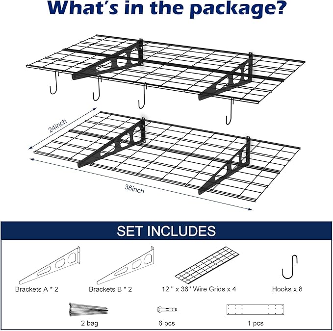 2x3 Ft Garage Wall Shelving, 700 lbs Heavy Duty Metal Garage Shelf Storage Organization, 24x36 Inch Wall Mounted Floating Shelves with Hooks, High Capacity, Space Saving, 2 Pack