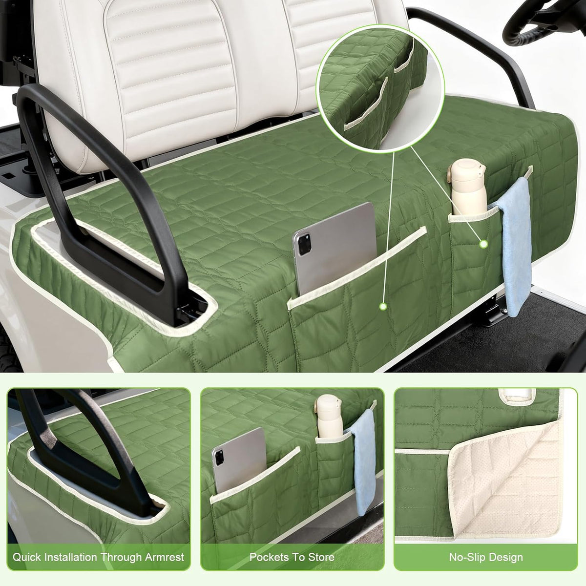 Golf Cart Seat Cover, Universal Bench Seat Cover with Storage Pockets, Non-Slip Seat Protector for Golf Cart, Fits EZGO Club Car Yamaha, Easy Install, Dark Green
