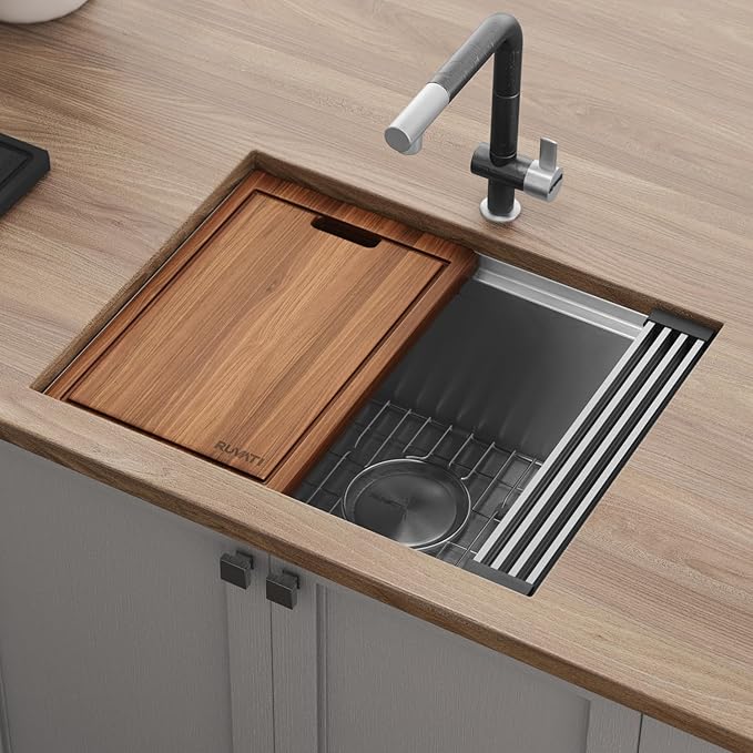 Ruvati 24-inch Undermount Rounded Corner Workstation Kitchen Sink Single Bowl – 16 Gauge Stainless Steel Kitchen Sinks with Brushed Finish hides scratches, Easy-to-Clean - RVH8324