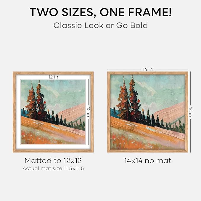 Homeforia Wood Square Frame 14x14, High End Natural Oak 14 x 14 Light Wooden Picture Frames with Mat 12 by 12 inch Photo, 14by14 Poster Frames Matted to 12x12 Print, Tempered Glass, Wall Kit, Set of 2
