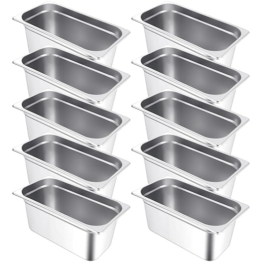 10 Pack Hotel Pans Stainless Steel Steam Table Pan 1/3 Size, 0.8 mm Thick Anti Jam Warming Pans for Food Warmer Restaurant Catering Supplies, 12.8 x 6.9 Inch(6 Inch Deep,European)