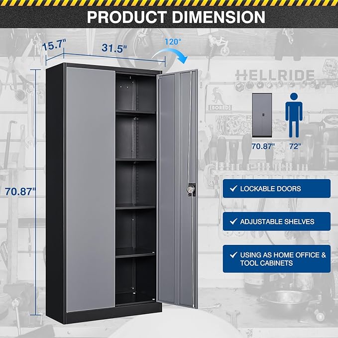 71” Tall Metal Storage Cabinet- Steel File Cabinets with Lockable Doors and Adjustable Shelves-Black&Gray Steel Storage Cabinet for Home,Kitchen, School, Office, Garage