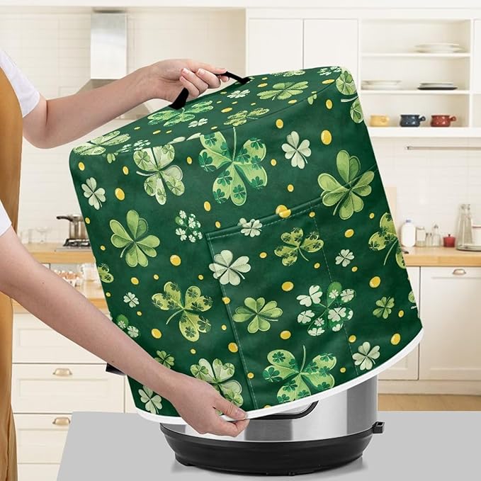 Xoenoiee Green Clover Print Kitchen Appliance Dust Cover with Pockets, Electric Pressure Cooker Cover Compatible with Crock Pot for St.Patrick's Day Decor, Rice Cooker Covers, for 6 Qt