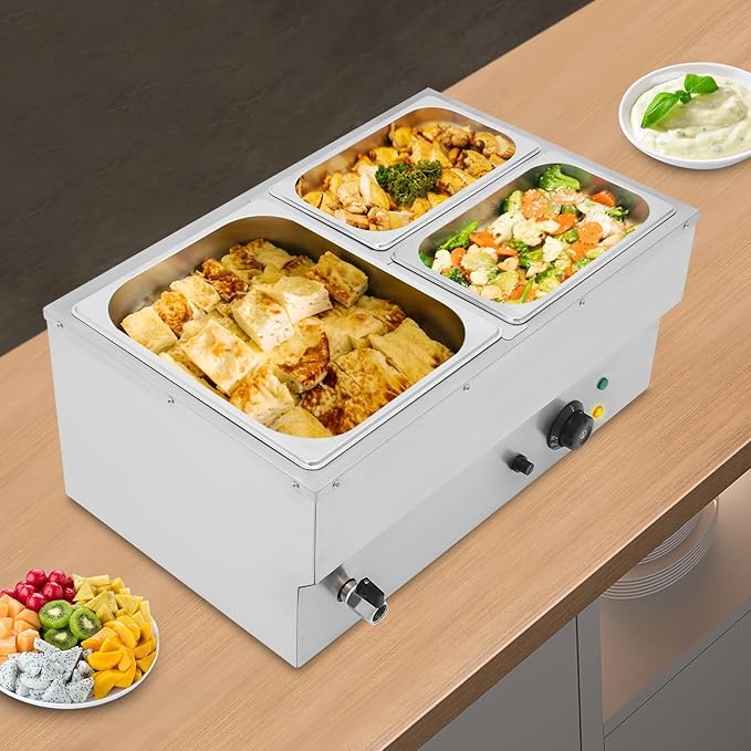 Commercial Food Warmer Stainless Steel Bain Marie Buffet Food Warmer Steam Table Electric Countertop Steam Table Container with 86-185°F Temp Control for Catering Restaurants (3-Pan)