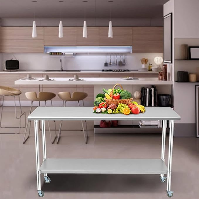 Stainless Steel Work Table 30“L x18 D, NSF Commercial Food Prep Worktable with Adjustable Undershelf and Casters for Restaurant, Home and Outdoors (30“L x18 D)