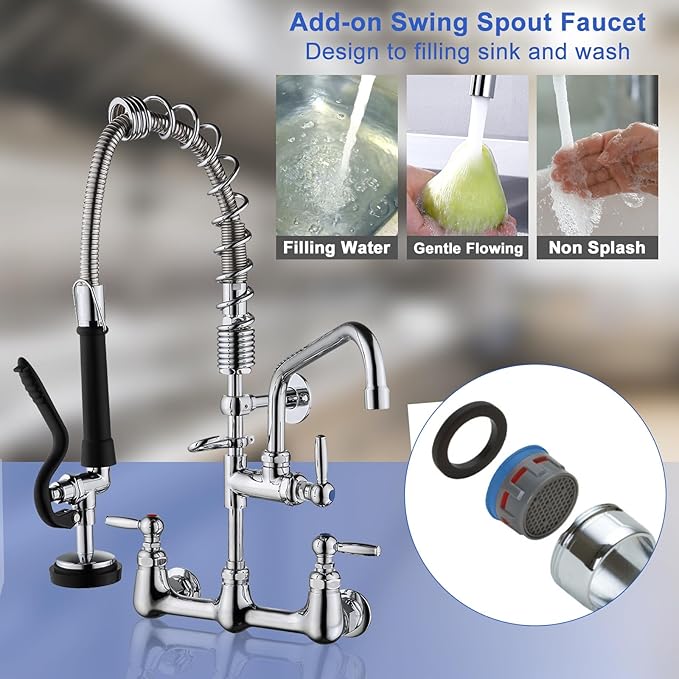 Commercial Sink Faucet with Sprayer 8" Center Wall Mount Kitchen Sink Faucet with 8” Swing Spout 18" Hose Commercial Kitchen Faucet 20" Height Pull Down Spray for Restaurant, Industrial