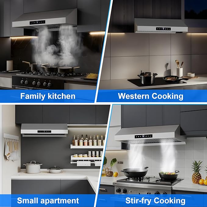 30" Under Cabinet Range Hood- 1200CFM Ultra Powerful Stainless Steel Ducted Vent Hood with 4 Speeds,Smart Touch Panel, 3W LED Lights, Quiet Kitchen Exhaust Hood,17S-E30