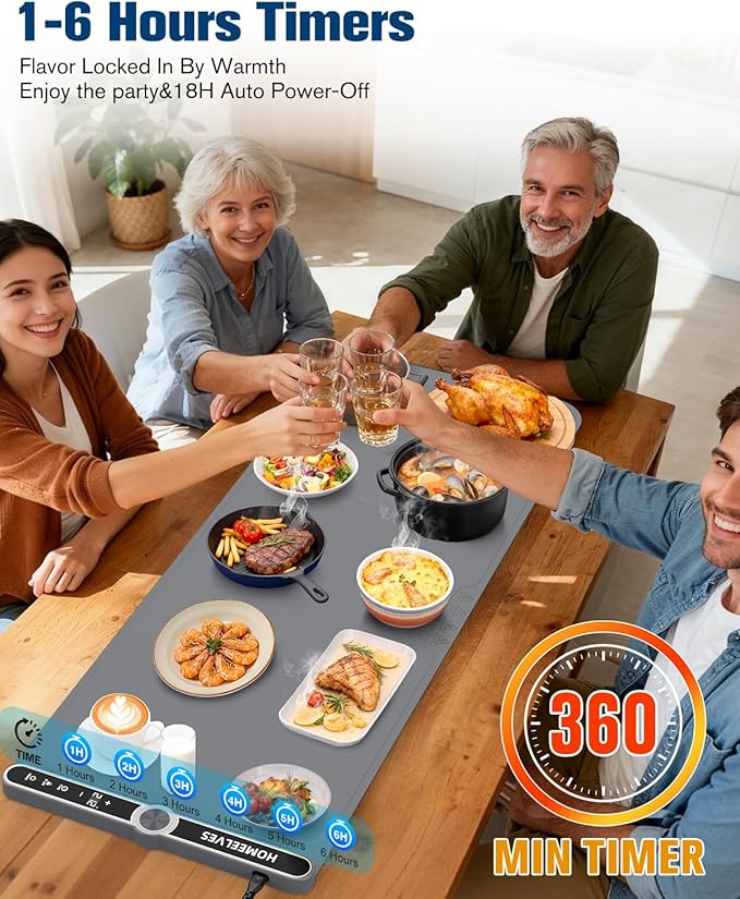 Warming Mat for Food Extra Large 39.4”X15”, 8S Rapid Heating Electric Warming Tray with 9 Temp Setting and 6H Timer, Food Warming Pad, Portable Food Warmers for Parties Buffet, Gray