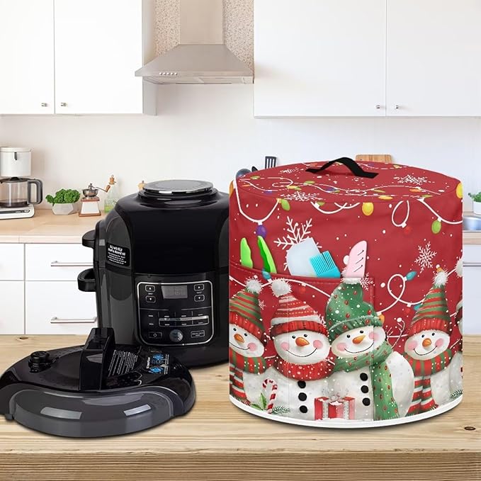 Christmas Theme 6 Quart Pressure Cooker Cover with Top Handle and Storage Pocket Cute Snowman Bulb Lights Print Kitchen Appliance Air Fryer Rice Cooker Protector Cover