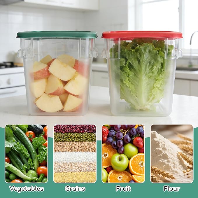 6-Pack 8 Quart Food Storage Container with Lid, Commercial Grade Square Polycarbonate 8 Qt Container with Lid, Handles & Measurement Scales, Airtight Stackable for Kitchen, Restaurant & Home Use