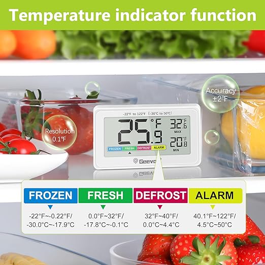 Geevon Digital Refrigerator Thermometer,IP65 Waterproof Fridge and Freeze Thermometer with Magnetic Back Large LCD,Max/Min Record Function for Home,Commercial (White-1Pack)