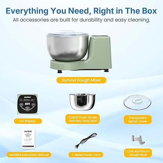 5.3 QT Electric Dough Mixer Maker, Fermenting and Kneading Flour Mixer Machine with Stainless Steel Bowl & Time Control, Green Stand Mixer for Baking Bread Cake Pizza & Sourdough