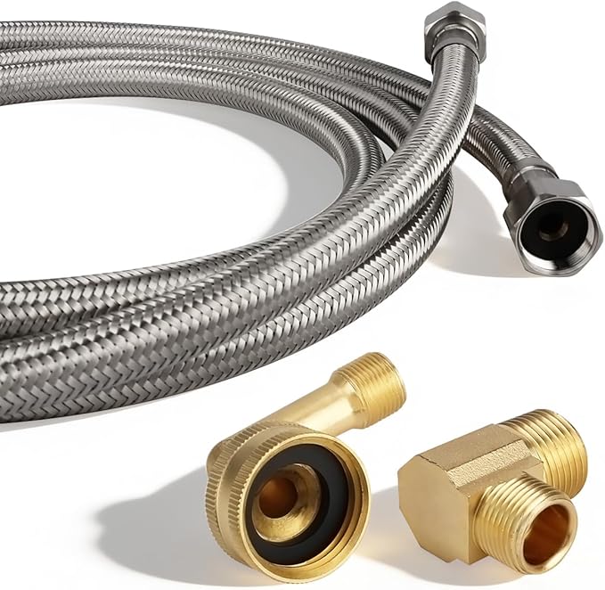 Dishwasher Installation Kit, 6 FT Braided Stainless Steel Supply Line with 3/8"x3/8"MIP Elbow, 3/8"x 3/4" FHT Elbow