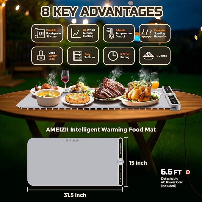 Warming Mat for Food - Extra Large 32"x15" Electric Warming Tray Warm 8 Dishes, 9-Temperature Adjustable, 1-6H Timer, Child Lock, 8s Fast Heating, Foldable Food-Grade Silicone Design