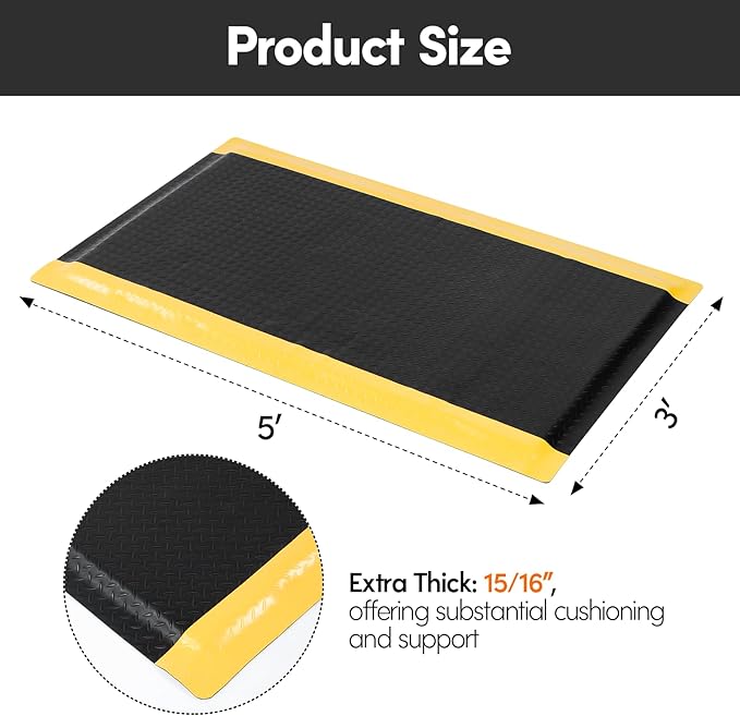 Anti Fatigue Mats Industrial 3' x 5' 15/16" Extra Thick Ergonomic Standing Mat Commercial Kitchen Mat Heavy Duty Diamond Plate Cushioned Shop Floor Mats Helps Relieve Back and Leg Soreness