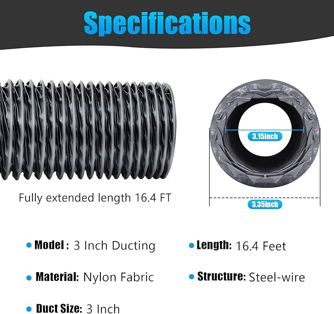 Diesel Heater Exhaust Pipe, 3 Inch X 16 FT Flexible Nylon Ducting – Wear-Resistant & Tear-Proof Venting Hose, Upgraded Fire-Resistant Hose for HVAC, Greenhouse & Diesel Heater