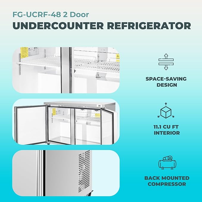 Frigos FG-UCRF-48 48" 2 Door Undercounter Refrigerator Silver - Standing Refrigerator Ideal for Commercial Kitchen - LED Lighting Included Liftgate