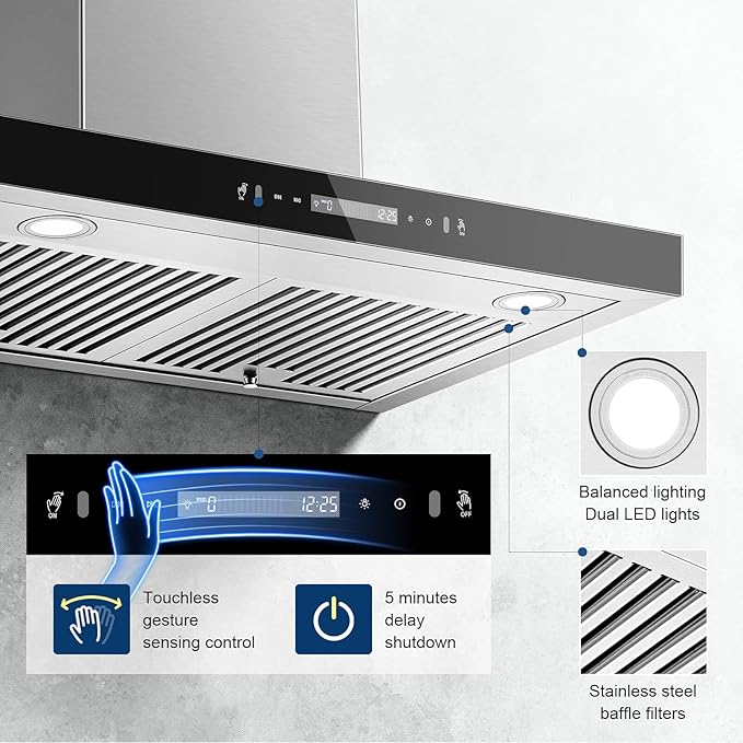 Wall Mount Range Hood 30 inch 600 CFM T Shape with Gesture & Touch Control, Kitchen Vent Hood Ducted/Ductless Convertible, Exhaust Fan 3-speed Stove Hood, Baffle Grease Filter, Stainless Steel
