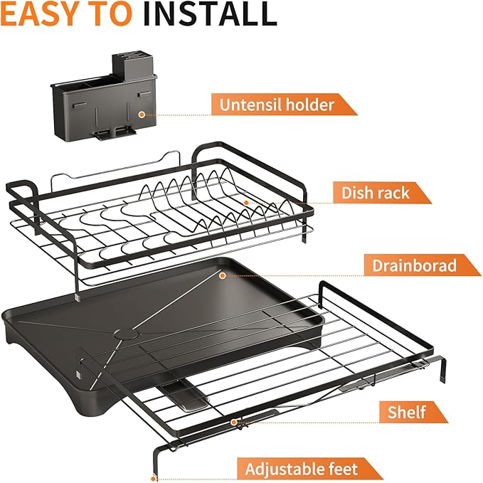 Extendable Dish Rack for Kitchen Sink - Heavy-Duty Adjustable Over Sink Drying Rack with Utensil Holder & Drain Tray, Space Saving Steel Frame Dish Rack (Black)