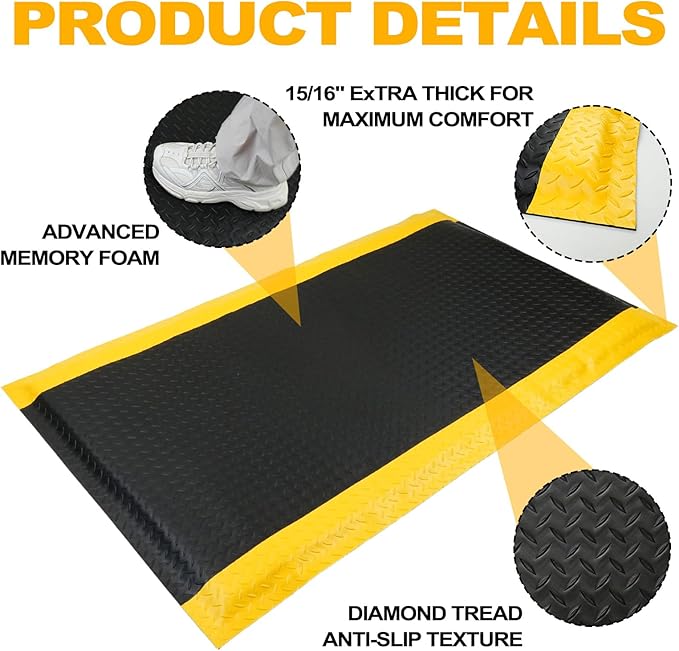 3 FT x 5 FT Anti Fatigue Mat, 15/16 Inch Thick Soft Sponge Ergonomic Mat, Non-Slip Industrial Grade Floor Mat, Easy to Clean, for Kitchen, Garage, Work, Shop, Black with Yellow Border