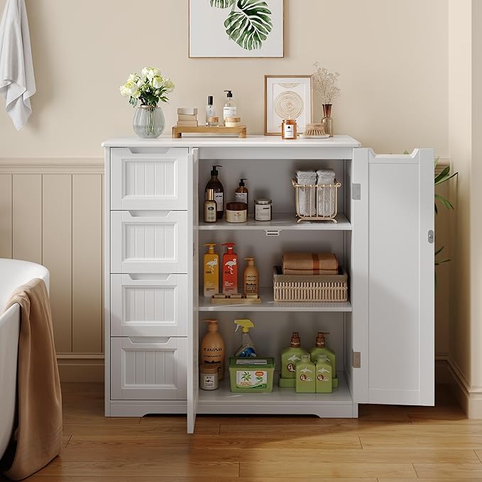 Gizoon Storage Cabinet, Bathroom Floor Cabinet, Kitchen Pantry, Side Storage Organizer with 4 Drawers & Double Doors, Adjustable Shelf, for Bathroom, Living Room, Entryway, White