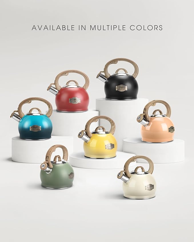 Tea Kettle Stovetop, Black Tea Kettles-2.1 Quart Loud Whistle Stovetop Teapot,Food Grade Stainless Steel with Wood Pattern Handle, Unique Button Control Kettle Outlet for Tea, Coffee