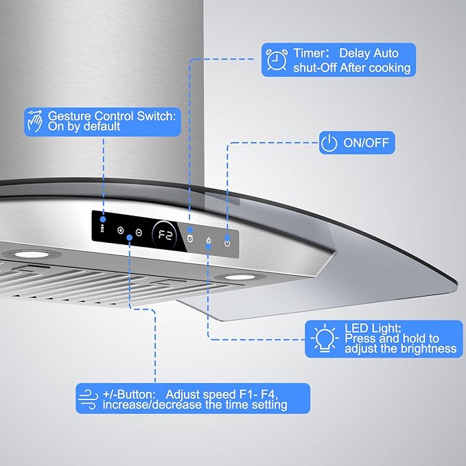 36 inch Wall Mount Range Hood, 1200 CFM with 4-Speed Gesture Sensing & Touch Control, Stainless Steel Ducted Kitchen Stove Vent Hoods with 2 LED Lights, Time Setting, Dishwasher-Safe Baffle Filters