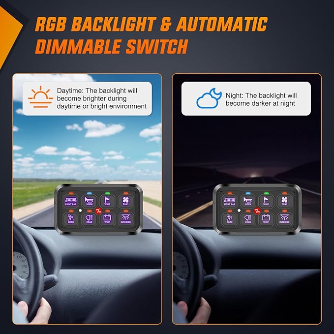 Nilight 8 Gang Switch Panel Circuit Control Relay System APP RGB Backlight Fuse Wiring Harness Automatic Dimmable ON Off LED Switches Pod for 12V 24V Cars Trucks Campers SUV