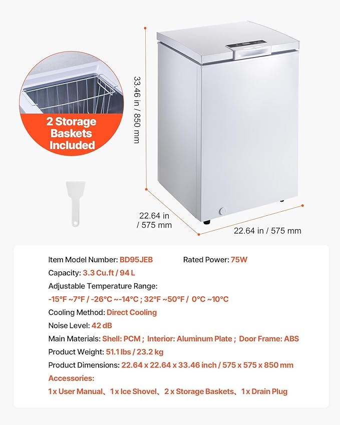 VEVOR Chest Freezer, 3.3 Cu.ft Compact Deep Freezer, Free Standing Top Open Door Chest Freezers with 2 Removable Baskets & Adjustable Thermostat - Energy Saving, Low Noise & Garage Ready, White