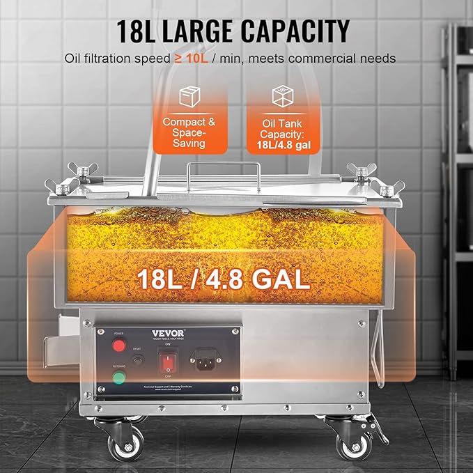 VEVOR Deep Fryer Filter 18 L/44 LBS/5.8 Gal, Frying Oil Filter System Machine 300W, Deep Fryer Oil Filter 10 L/min, Cooking Oil Filter Pump & Oil Hose, Mobile Fryer Filter 110V Kitchen Restaurant
