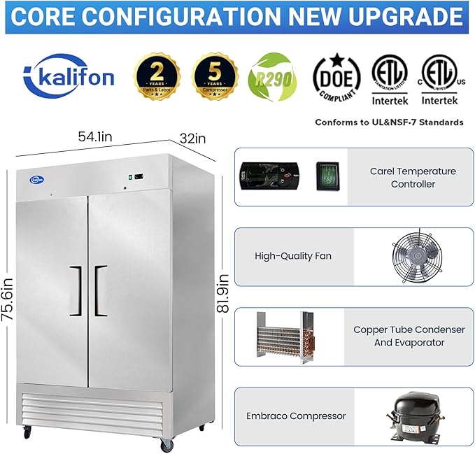 54" Commercial Refrigerator with 2 Solid Door, 49 Cu.ft Reach-in Stainless Steel Refrigerator, Fan Cooling Refrigerator for Restaurant, Bar, Home, Shop