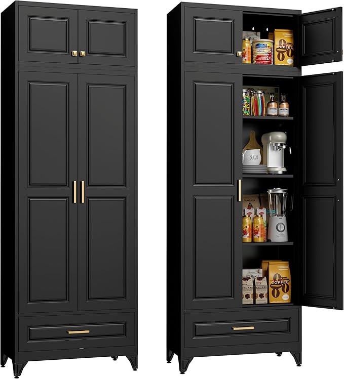 Kitchen Pantry Storage Cabinets, 90" Tall Metal Storage Cabinet with Doors and 3 Shelves, Black Pantry Cabinet with Drawer, Kitchen Cupboard, Large Steel Cabinets for Dining Room, Office, Living Room