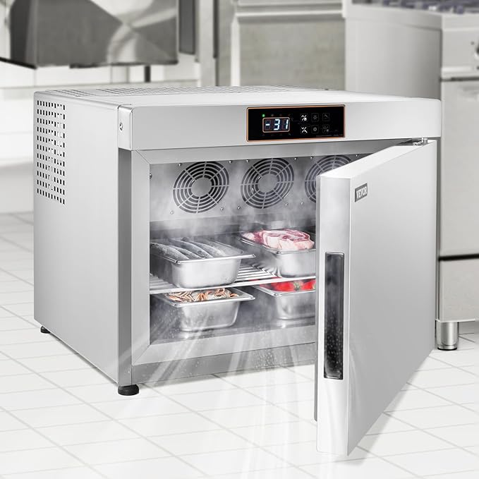 VEVOR 32L Blast Freezer, 4 Trays Commercial Freezers Flash,<-31~68°F> Mini Countertop Shock Frozen for Home, 360° Fan Cooling Batch Freeze, 304 Stainless Steel Blast Chiller for Seafood, Ice Cream