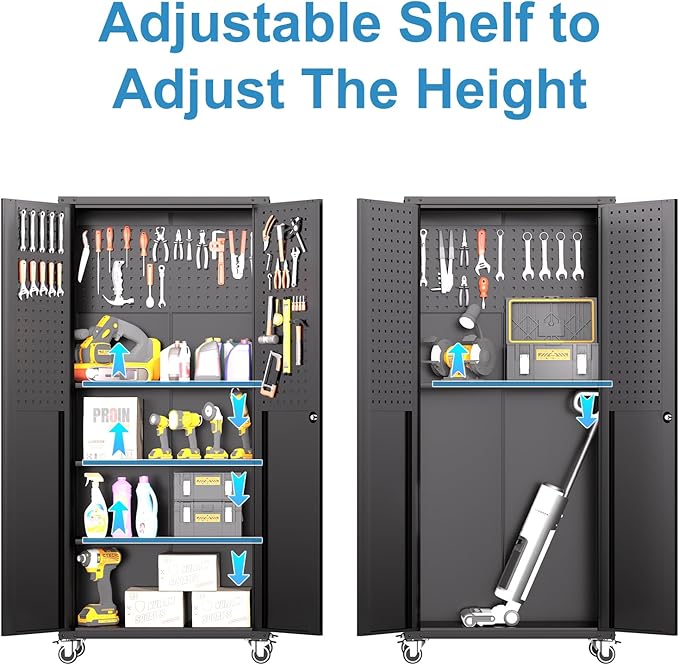Tall Metal Storage Cabinet with Wheels Black Heavy Duty Large Metal Garage Cabinets with Adjustale Shelves Lockable Rolling Tool Cart for Warehouse Basement Kitchen, Assembly Required
