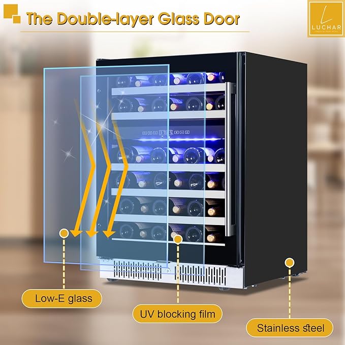 Luchar 24 Inch Wine Cooler Refrigerator, 46 Bottle Dual Zone Built-in or Freestanding Wine Fridge with Double-Layer Tempered Glass Door, Wine Refrigerator for Home, Kitchen, Bar, Office