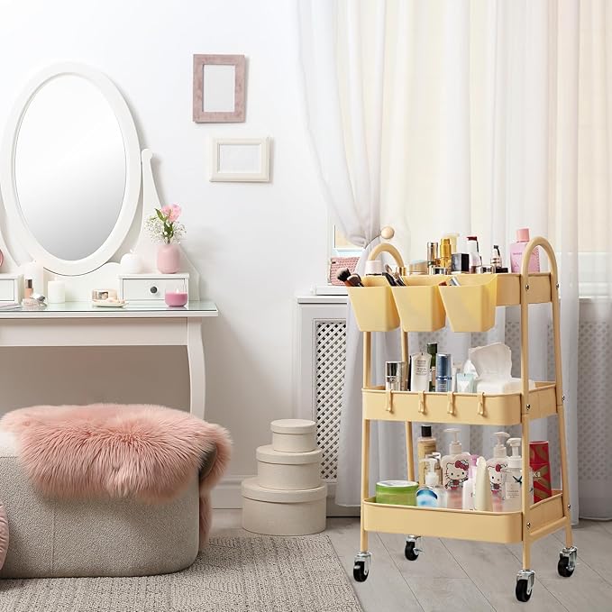 danpinera 3-Tier Rolling Cart, Utility Cart Mobile Metal Rolling Storage Cart with Lockable Wheels & Hanging Cups & Hooks for Kitchen, Bathroom, Office, Workshop, Yellow