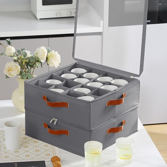 2 Pack Coffee Mug Storage Box with Dividers, Stackable China Storage Containers with Lid, Zipper, and Handles for 32 Mugs and Cups, Mug Storage Organizer for Packing & Moving, Gray