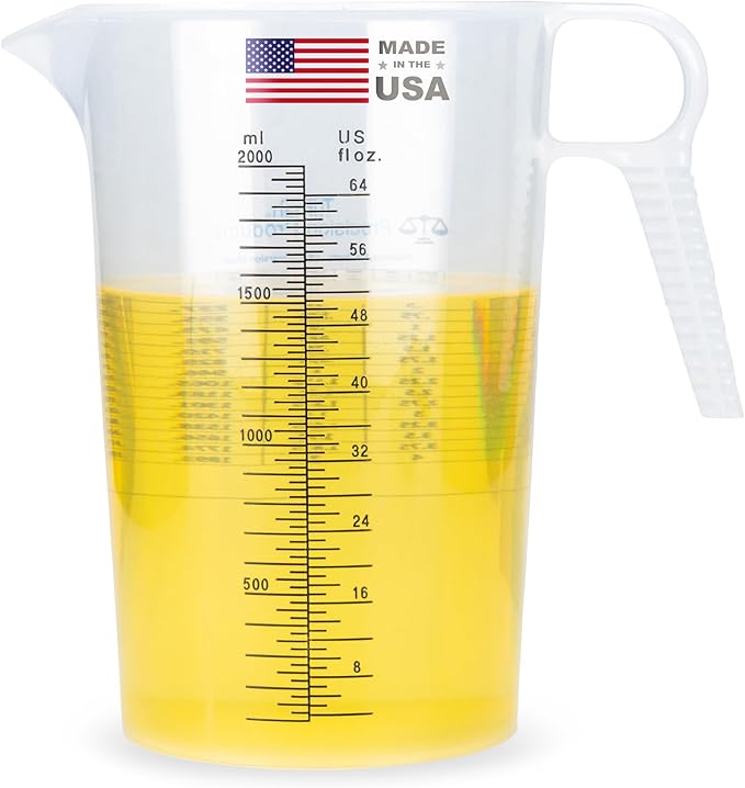 Half Gallon 64oz (2 quart) Measure Pitcher- Conversion Chart-Strong Food Grade - Resistant to Chemicals- Great for Lawn, Pool & Spa, Ag, Home Hobbies, Lye, Cooking, Shop Motor Oil Fluids Made In USA