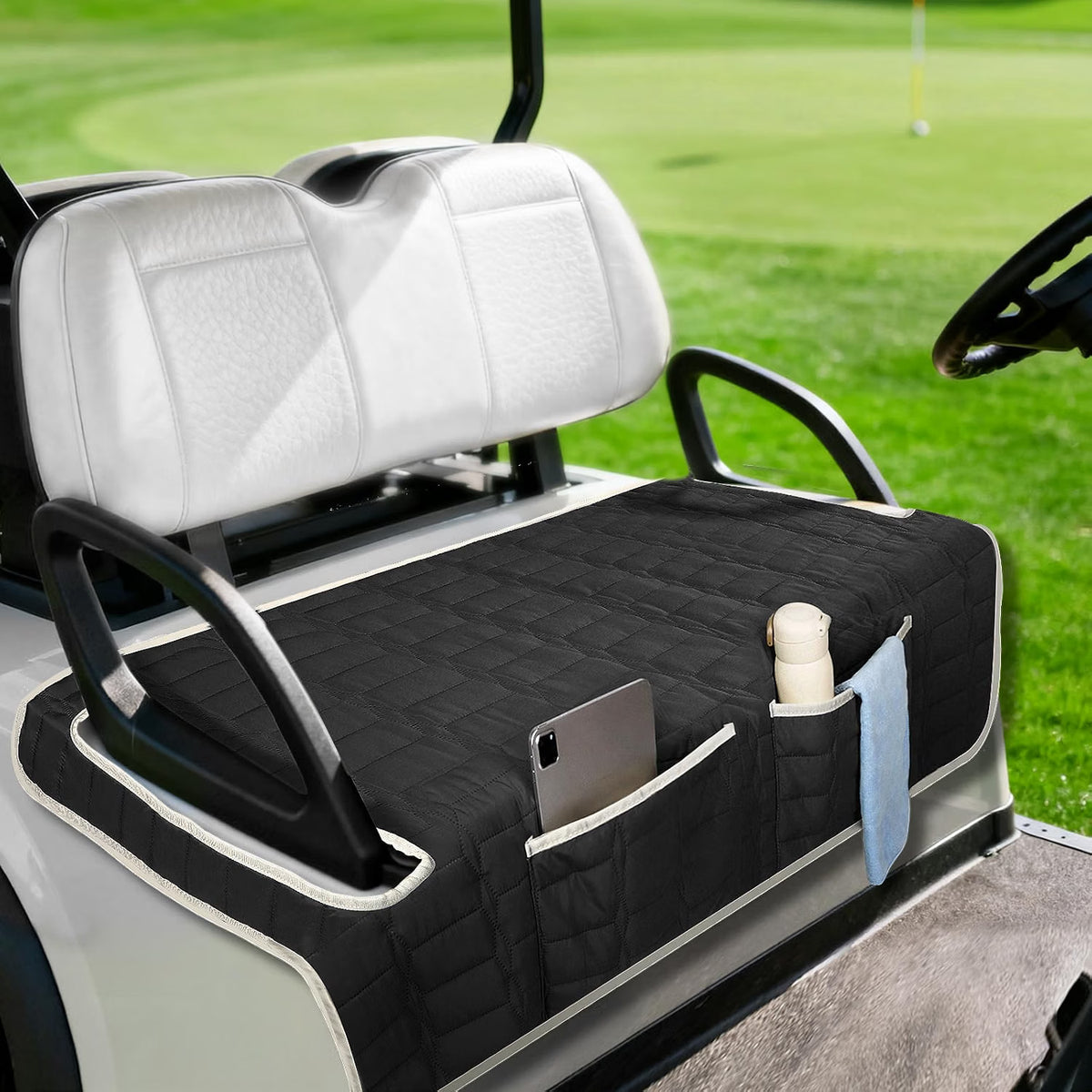 Golf Cart Seat Cover, Universal Bench Seat Cover with Storage Pockets, Non-Slip Seat Protector for Golf Cart, Fits EZGO Club Car Yamaha, Easy Install, Black