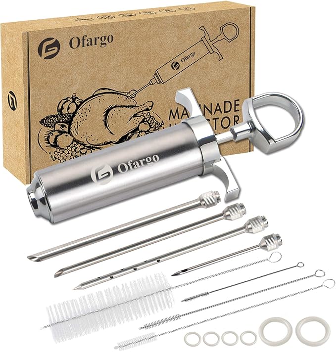 Ofargo Stainless Steel Meat Injector Syringe Kit with 4 Marinade Needles for BBQ Grill Smoker, Valentines Day Gifts for Men Dad Husband Him, 2-oz Large Capacity, Both Paper User Manual and E-Book Recipe