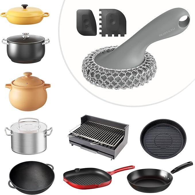 SUBEKYU Cast Iron Scrubber with Silicone Handle, Stainless Steel Skillet Cleaner for Cast Iron Pans (Gray Scrubber + Scraper)