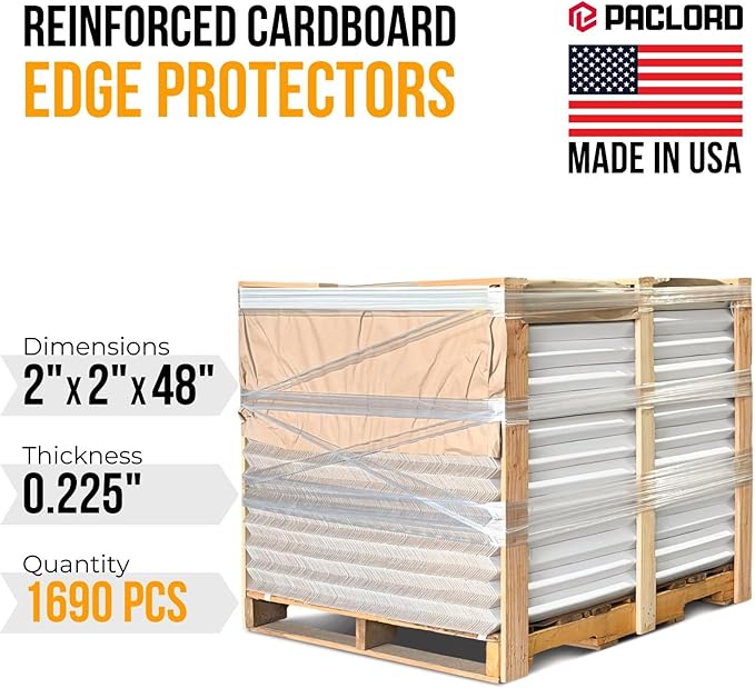 48" x 2" x 2" Reinforced Cardboard Edge Protectors, White (Pallet of 1690) – 0.225" Thick Extra Heavy-Duty Cardboard Corner Protectors – American Quality V-Board Pallet Edge Guard