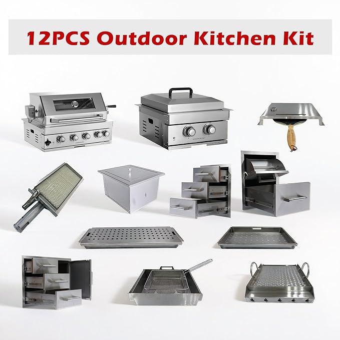Outdoor Kitchen Kit Built-in 32 inch LPG Gas Grill 60000 BTU Stainless Steel Four burners Grills,DIY Combo Outdoor Kitchen Island, 12 in 1 BBQ Tool Set Best of Backyard
