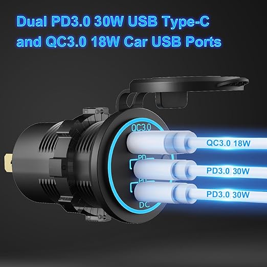 Marine Boat Switch Panel Waterproof, 5 Gang Marine Rocker Switch Aluminum Panel with 3 Port 66W 12V USB Outlet Car Charger, 150W Cigarette Lighter Socket and Blue LED Voltmeter for Truck Car RV, etc.