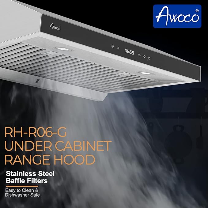 Awoco 36" Stainless Steel Under Cabinet 6 Speeds 900 CFM Range Hood with Tempered Glass Touch Panel, LED Lights, Baffle Filters and Oil Collector, 8" High