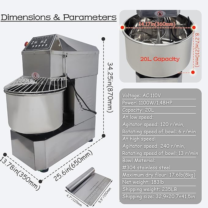 INTSUPERMAI Commercial Dough Mixer Machine 20QT Stand Flour Mixing Machine Electric Food Stand Mixer with Double Action Double Speed Spiral Mixing Time Setting 110V 20L Capacity
