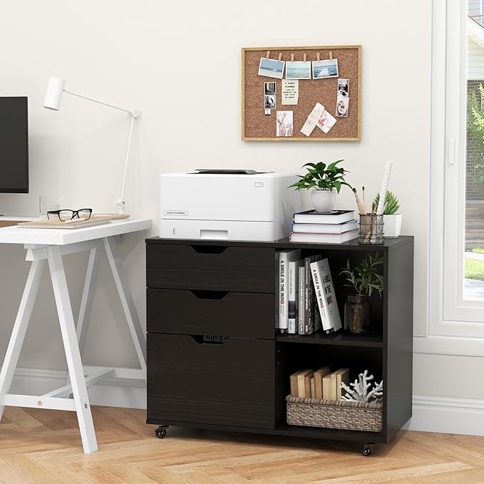 File Cabinet, Mobile Filing Cabinet w/Universal Wheels & 3 Drawers, Wood Printer Stand with Storage, Rolling File Cabinets for Home Office, Living Room, Bedroom (Black, 3 Drawers)