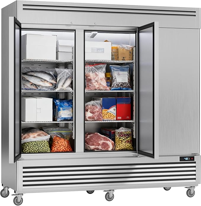 Coolake 82" Width Commercial Freezer 3 Solid Doors, 72 Cu.ft Stainless Steel Reach-in Upright Freezer with LED Lighting, Fan Cooling Freezer for Restaurant Bar Shop Hotel Kitchen Prep Area