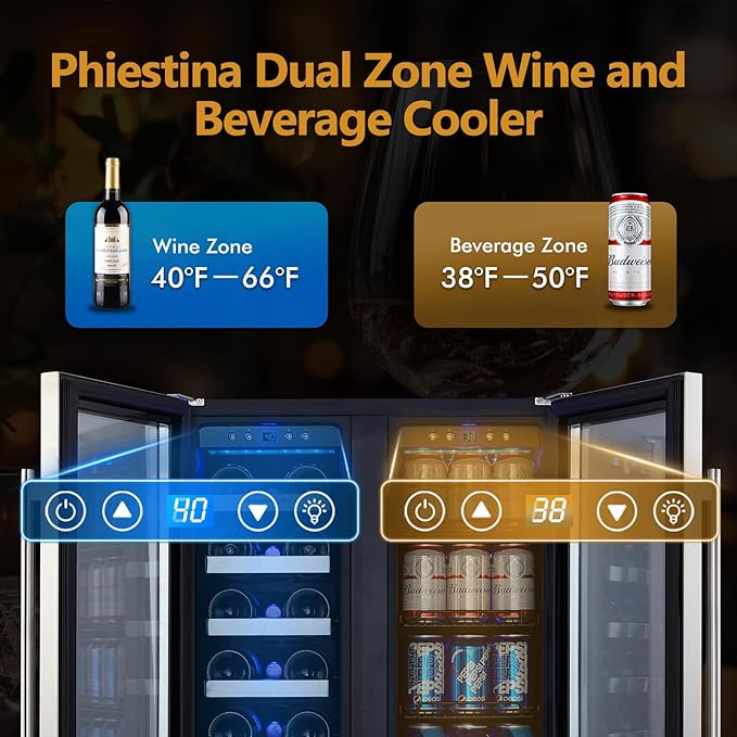Phiestina Beverage Fridge, 24 Inch Wine and Beverage Refrigerator, Under Counter Wine Cooler- 20 Bottles & 76 Cans, Built-in/Freestanding Dual Zone with Glass Door