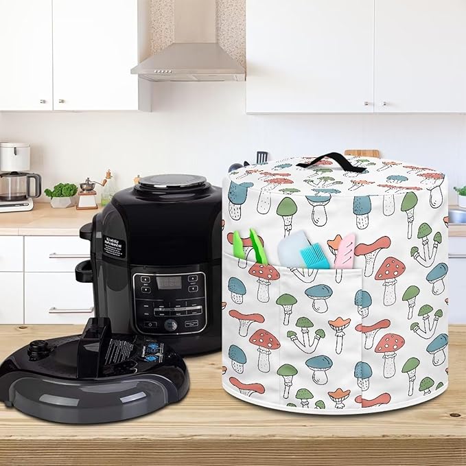 Cute Mushroom Print Pressure Cooker Cover 3 Quart Air Fryer Cover Kitchen Appliance Dust Cover Cover with Pockets for Electric Pressure Cooker Rice Cooker Steamer,White